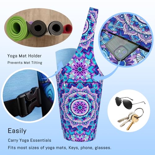 Mandala Yoga Mat Bag with Large Waterproof Zipper Pocket and Drawstring Pocket Long Tote Yoga Mat Carrier Holder Bags Fit Most Size Mats - color: Purple