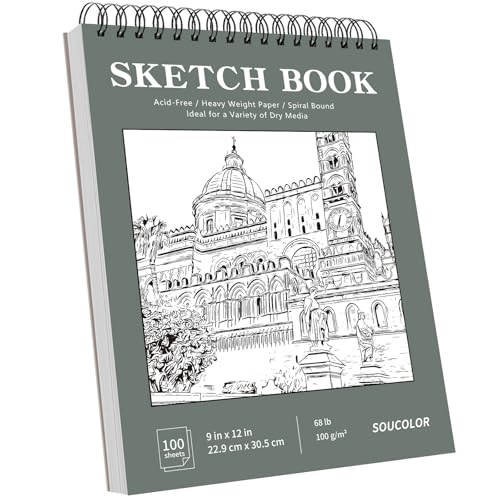 Soucolor Sketch Book 9x12, Drawing Paper Pad 68lb/100gsm Acid-Free | 100 Sheets,Top Spiral Sketchbook for Kids Adults, Art Supplies Sketch Pad for Drawing Illustration College Essentials - color: Green, size: 9" x 12" (Pack of 1)