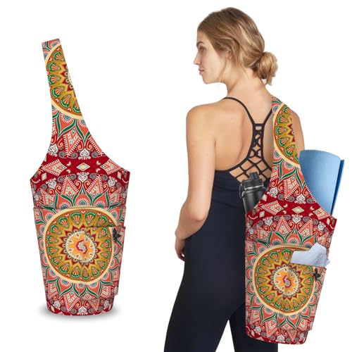 Mandala Yoga Mat Bag with Large Waterproof Zipper Pocket and Drawstring Pocket Long Tote Yoga Mat Carrier Holder Bags Fit Most Size Mats - color: Red