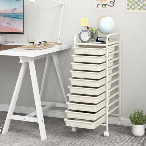 GOFLAME 10-Drawer Rolling Storage Drawer Cart, Utility Cart with Removable Drawers & Metal Frame, Mobile Art Craft Drawer Cart with Lockable Wheels for Home, Office, Studio, School, White - color: White, size: 10-Drawer without Wood Top