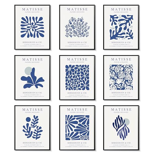 Tmvosn Blue Matisse Posters Wall Art Set of 9, Abstract Henri Matisse Canvas Wall Decor Paintings, Vintage Navy Blue Flower Aesthetic Pictures Prints for Bedroom Bathroom Living Room 8x10In Unframed - color: Blue Matisse, size: 10"L x 8"W