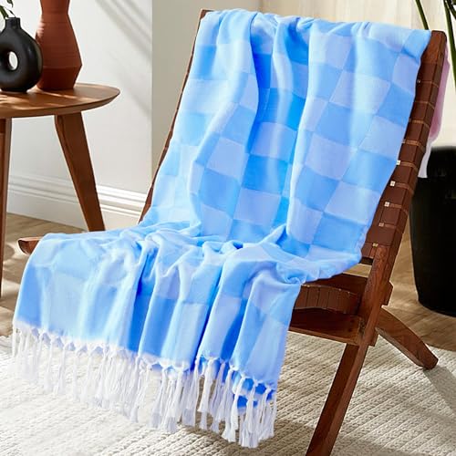 Woven Throw Blanket Lightweight Large Soft Nautical Shark Lake House Kids Teen Boy Baby Nursery Decor Bedroom Bed Living Room Accessories Sofa Couch Chair Cover Decorative New Apartment Essential Blue - color: Checked Blue, size: Extra Large 50'' x 70''