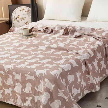 MEJU Dogs Puppy Brown Kids Muslin Lightweight Blanket for Bed Sofa Couch 100% Combed Cotton 3 Layer Soft Warm Reversible Throw Blanket Bedspread Bed Coverlet (Animals, F/Q 80 in x 90 in) - color: Animals, size: F/Q 80 in x 90 in