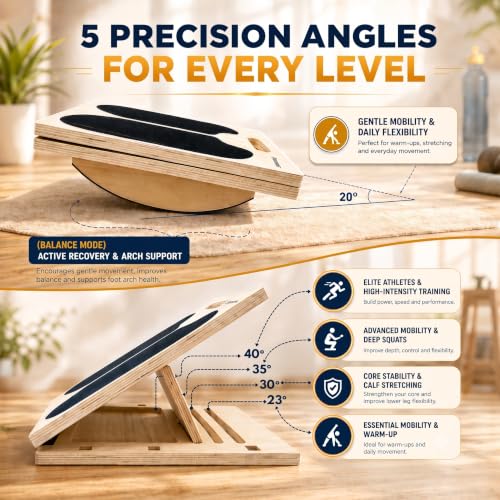 3-in-1 Adjustable Slant Board & 180°/360° Balance Board - Wooden Calf Stretcher and Squat Wedge - 5 Angle Incline Board for Stretching Equipment & Exercise - Includes Resistance Band - (400LBS)