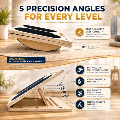 3-in-1 Adjustable Slant Board & 180°/360° Balance Board - Wooden Calf Stretcher and Squat Wedge - 5 Angle Incline Board for Stretching Equipment & Exercise - Includes Resistance Band - (400LBS)