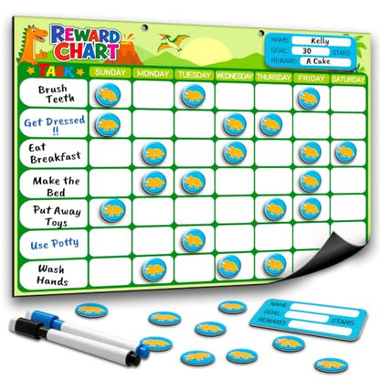 Magnetic Reward Chart for Kids, Customizable Dry Erase Weekly Chore Chart - size: 1 Kid-Dinosaurs