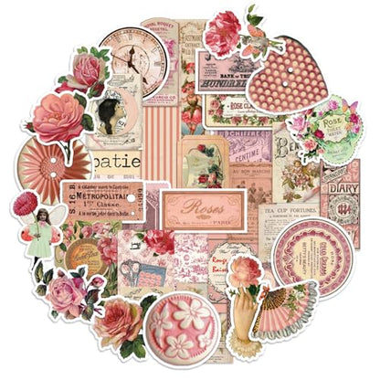 Bomichi Vintage Stickers, 102 Pcs Scrapbooking Supplies for Bullet Journals, Planners, Letter, Card Album Making, Collage Art, Crafts, Water Bottle - style: Rose