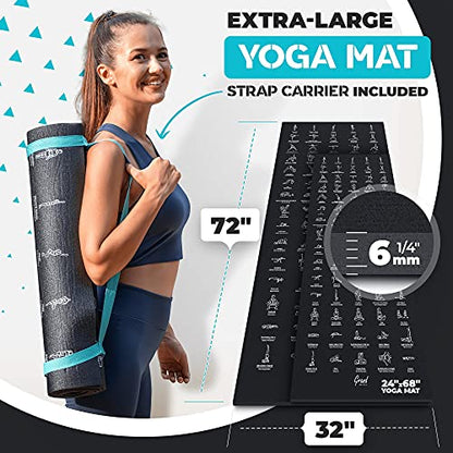 Instructional Yoga Mat with Carrying Strap: Cute Yoga Mat with 75 Illustrated Yoga Poses + 75 Easily-Followed Stretching Exercises - 1/4” Thick, Non-Toxic, Non-Slip Yoga Mats for Women and Men - color: Jet Black (72" x 32")