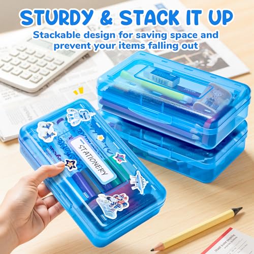 GAMENOTE Plastic Pencil Box with Personalized Sticker, Large Capacity, Blue | Kid Large Hard Pencil Case with Snap-tight Lid, Small Art Craft Storage Containers, School Supply Box for Boys, Girls - color: Blue