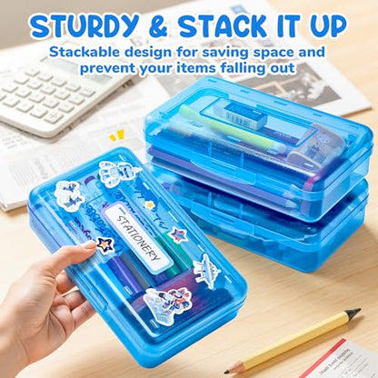 GAMENOTE Plastic Pencil Box with Personalized Sticker, Large Capacity, Blue | Kid Large Hard Pencil Case with Snap-tight Lid, Small Art Craft Storage Containers, School Supply Box for Boys, Girls - color: Blue