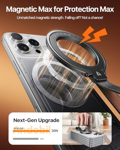andobil 2026 Premium Leather Magnetic Phone Grip Holder for MagSafe, Stable | [Longest Durable] Adjustable Magnetic Phone Ring Kickstand w/ Leather Loop MagSafe Accessories for iPhone 12-17 Series, Black - color: dark black