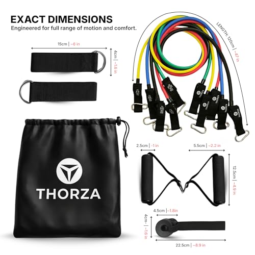 Thorza 11-Piece Tube Resistance Bands Set, Full Body Strength Training | 5 levels tube exercise bands without latex TPE, door anchor, handles, ankle straps & 1 bag