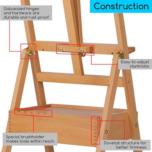 MEEDEN Forward Tilt Studio H-Frame Easel with Art Supply Storage Drawer - Adjustable (58"~75") Solid Beech Wood Easel Stand for Artists, Students and Beginners, Holds Canvas Art up to 37" - color: Natural