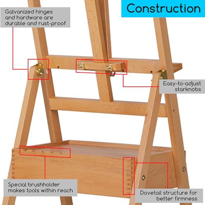 MEEDEN Forward Tilt Studio H-Frame Easel with Art Supply Storage Drawer - Adjustable (58"~75") Solid Beech Wood Easel Stand for Artists, Students and Beginners, Holds Canvas Art up to 37" - color: Natural