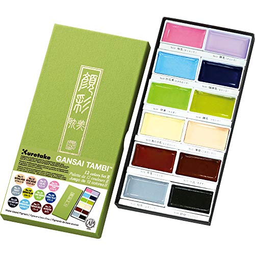 Kuretake Gansai Tambi Watercolor Paint Set, 12 Nuance Colors, Made in Japan | 12 new nuance colors, smooth blending pigment, oversized pans, color chart included, Professional Use, Artist Grade - style: 12 colors (Nuance)