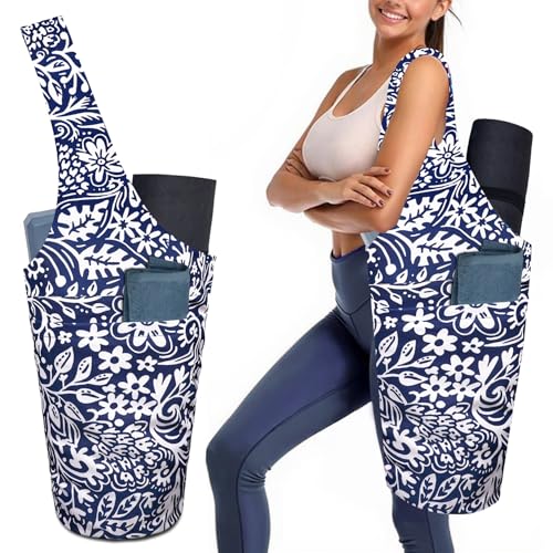 Yoga Mat Bag Carrier for Women with Side Large Pocket Durable Linen Workout Gym Travel Storage Pilates Mats - color: Chinoiserie