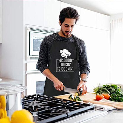 Rosoz Funny BBQ Black Chef Aprons for Men, Mr Goodlookin' is Cookin' | Adjustable Kitchen Cooking Aprons, Waterproof Oil Proof ,2 Pockets, Long Ties, Dad Gifts for Birthday Father's Day Christmas