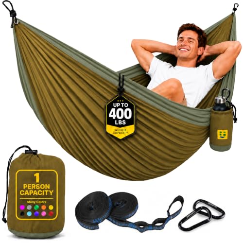 Durable Hammock 400 lb Capacity, Nylon Camping Hammock Chair - Double or Single Sizes w/Tree Straps and Attached Carry Bag - Portable for Travel/Backpacking/Beach/Backyard (Medium, Khaki & Dark Green) - color: Khaki & Dark Green, size: Medium