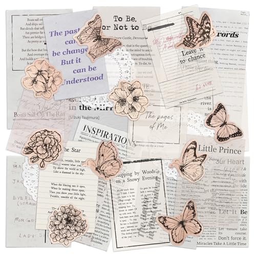 Mayplous Vintage Scrapbook Supplies Kit, Butterfly & Floral Mixed Media Ephemera Pack with Collage Paper, Washi Stickers and Vellum Paper for Junk Journal, Planner, Card Making, DIY Crafts (Benn)