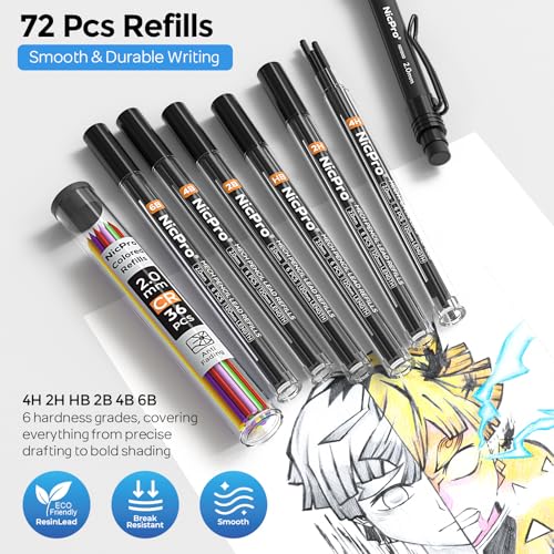 Nicpro 2.0 mm Mechanical Pencil Set, 3PCS Artist Lead Pencil Holder 2mm with 72PCS Lead Refills (4H 2H HB 2B 4B 6B Color) Eraser, Weatherproof Barrel for Outdoor Writing Drafting Drawing Sketching - style: 2.0mm(3 Pcs)