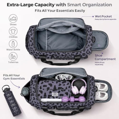 FIORETTO Women's Gym Duffle Bag with Shoes Compartment, 30L Capacity, Ideal for Travel, Gym, Sports, Duffel, Weekender - color: Leopard Grey, style: Gym Bag With Toiletry Bag