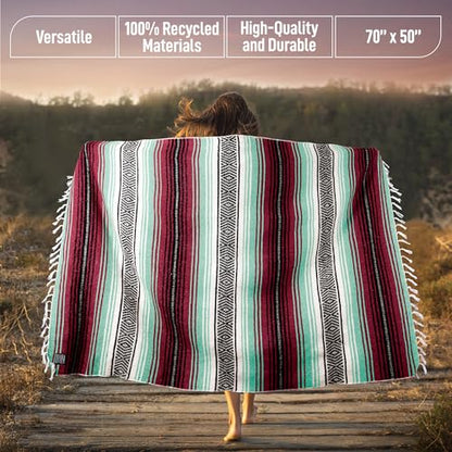 Hydration Nation Authentic Large Handwoven Mexican Blanket - Soft Yoga- Durable Serape- Lightweight Falsa, Beach, Camping, Picnic, Outdoor Blanket 70"x50" - Miami Vice - color: Miami Vice