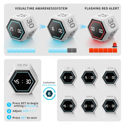 Cube Productivity Timer, 3/5/10/25/30/50 Minute Presets for ADHD - color: Matte White