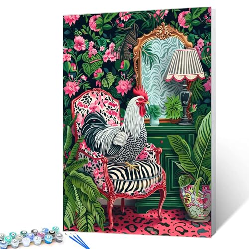 Tucocoo Chicken Sitting on Chair Paint by Number Bohemia Paint by Numbers Kit for Adult,Jungle Green Leafage Painting on Canvas for Creative Wall Art Jungle Home Decoration 16x20 Inch (DIY Framed) - color: Artwork-02, size: 16x20 Inches(DIY Frame)