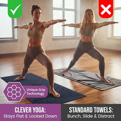 Clever Yoga Hot Yoga Mat Towel – Non-Slip Grip for Hot Yoga, Sweat Absorbent, Honeycomb Silicone Grip, Stays Flat – Ideal for Pilates, Travel, Washable & Lightweight - Dark Blue - color: Darkblue