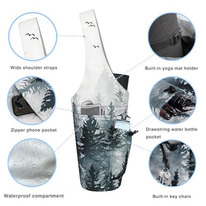 Yoga Mat Bag - Large Opening Long Tote Yoga Mat Carrier Holder Bag with Waterproof Wet Zipper Pocket and Drawstring Water Bottle Pocket - Yoga Bag Fit Most Size Mats - color: Cloud Forest