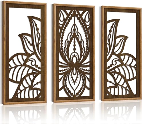 HPNIUB 3PCS Lotus Flower Wall Decor, Mandala Carved Wood Sign for Yoga Room, Spiritual Meditation Wooden Hanging Plaque Home Decor for Living Room Office Bathroom Decoration(8x16Inch) - color: Mandala Flower Wooden Wall Art