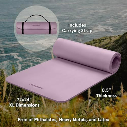Retrospec Solana Yoga Mat Thick 1/2in Non-Slip Workout Mat with Nylon Strap - 72x24in Exercise Mat for Pilates, Stretching & Fitness - BPA Free, Easy Clean - color: Violet Haze