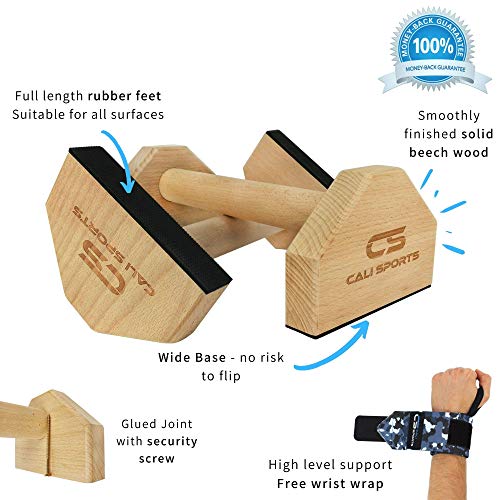 CALI SPORTS Calisthenics Wood Parallettes Bars | Push Up Bar That Will Not Slip or Wobble | Wrist Wraps Included