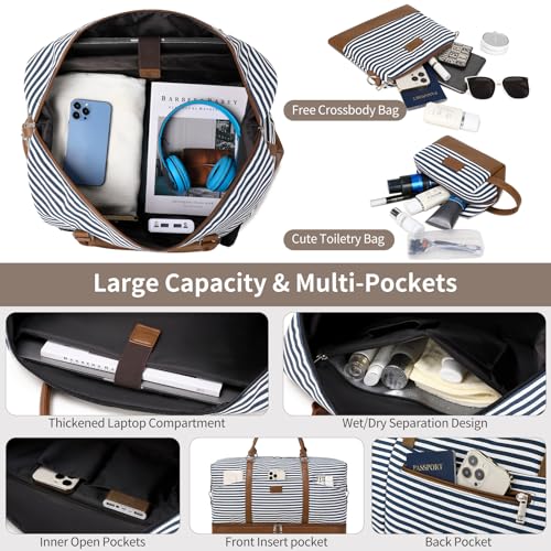 Weekender Bag, Large Travel Duffel Bag for Women, Carry on Overnight Bag with Shoe Compartment and Toiletry Bags - color: A-Blue-White