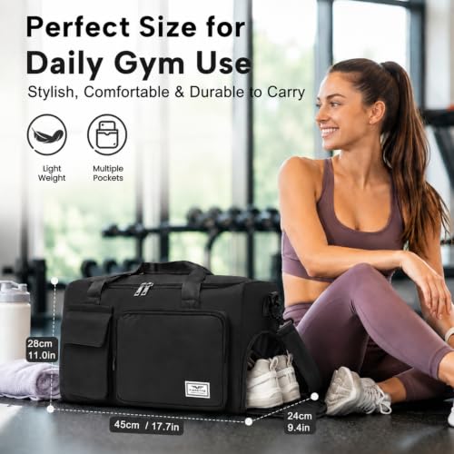 FIORETTO Women's Gym Duffle Bag with Shoes Compartment, 30L Capacity, Ideal for Travel, Gym, Sports, Duffel, Weekender - color: Black, style: Gym Bag