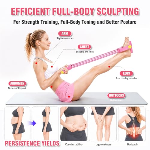 Multifunction Foot Pedal Resistance Bands with Handles, 6-Tube Adjustable Elastic Yoga Exercise Bands, Home Gym Fitness Equipment for Abdomen, Core, Waist, Arm, Leg Stretching（Pink）