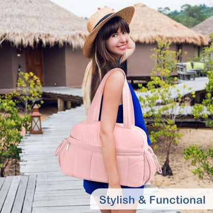 TOPDesign Travel Duffel Bag for Women, Puffer Gym Bag Sports Tote with Wet Pocket, Carry On Weekender with Luggage Sleeve (Baby Pink) - color: Baby Pink