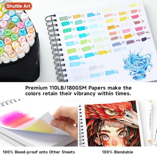Shuttle Art Marker Pad, 8.3”x8.9” Portable Square Sketchbook, 80 Sheets Marker Drawing Paper, 110LB/180GSM Bleedproof Art Paper, Spiral-Bound, Great for Professional Artist to Draw, Paint & Sketch - size: 8.3x8.9 inch