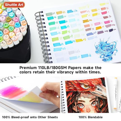 Shuttle Art Marker Pad, 8.3”x8.9” Portable Square Sketchbook, 80 Sheets Marker Drawing Paper, 110LB/180GSM Bleedproof Art Paper, Spiral-Bound, Great for Professional Artist to Draw, Paint & Sketch - size: 8.3x8.9 inch