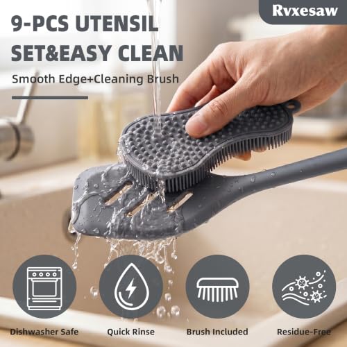 Kitchen Utensils Set,9 PCS Silicone Cooking Utensils Set Spatula Set,Tongs,Spoon,Whisk,Brush,Dishwasher Safe Kitchen Gadgets for Non-Stick Cookware,Home Essential，Kitchen Appliances Tool(Gray) - color: Gray