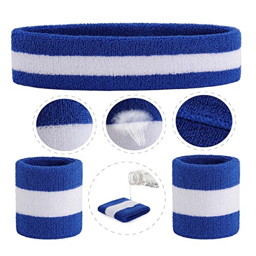 ONUPGO Sweatband Set Sports Headband Wristband Set Sweatbands Terry Cloth Wristband Wrist Sweatband Headbands Moisture Wicking Sweat Absorbing Head Band - color: Blue/White/Blue