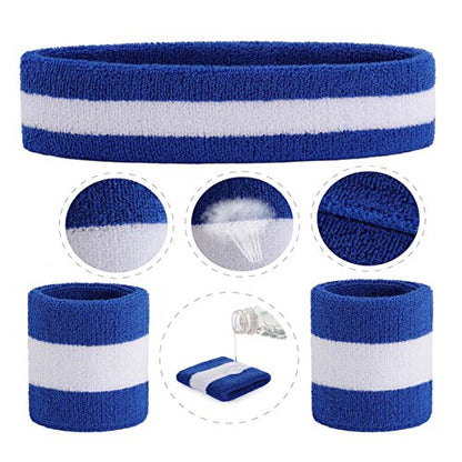 ONUPGO Sweatband Set Sports Headband Wristband Set Sweatbands Terry Cloth Wristband Wrist Sweatband Headbands Moisture Wicking Sweat Absorbing Head Band - color: Blue/White/Blue