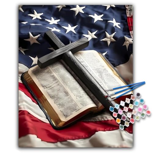 Paint by Numbers Kit for Adults, Flag Cross DIY Acrylic Canvas Painting Set | 16x20 Inch, Religious Christian Bible Number Painting Craft Kit, Home Wall Decor, Stress Relief Relaxing Hobby Gift - color: BOP1PNP04