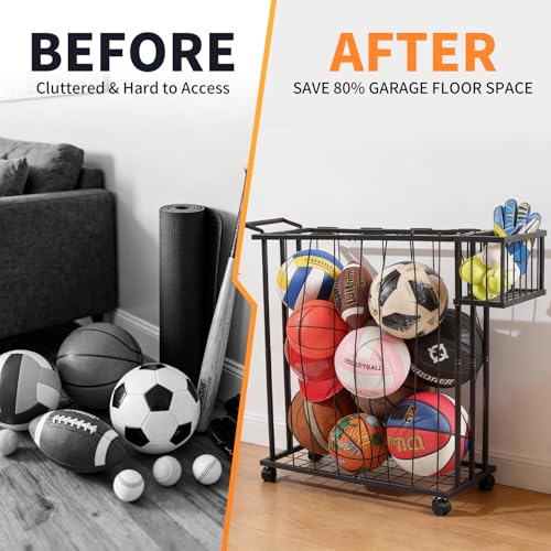 Multi-Sport Ball Storage Cart with Side Basket for Gloves & Tennis; Gravity-Access Elastic Straps for Kids; Rolling Garage Organizer Rack for Basketballs, Soccer & Yoga Mats - Multi-Athlete Families