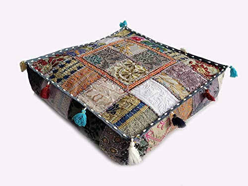Mam Treasures Indian Bohemian Decorative Pillow Vintage Cushion Cover Patchwork Square Floor Pillow Cover Meditation Cushion Large Floor Pillow Indian Cushion (Gray, 18 X 18 X 5 Inch) - color: Gray, size: 18" x 18" (Pack of 1)