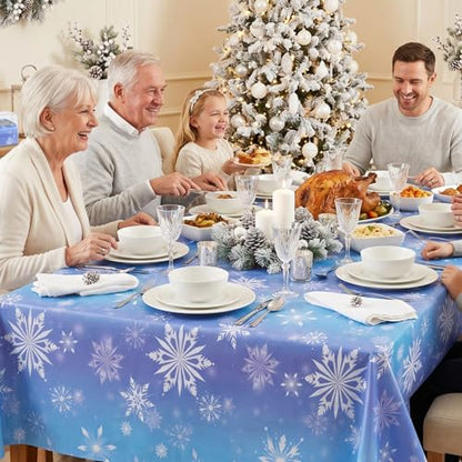 100FT x 54IN Snowflake Plastic Tablecloth Roll with Slide Cutter Box | Heavy Duty Disposable Blue & White Table Cover Wall Backdrop, Cut-to-size for Frozen Birthday Party Supplies - color: Blue and Purple Snowflake, size: 1200" x 54" (Rectangular)