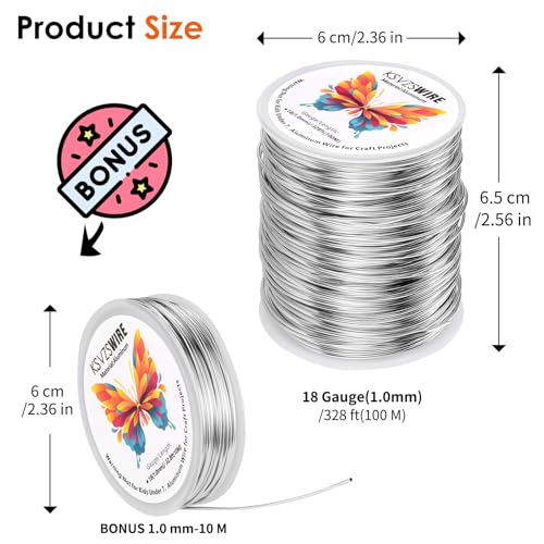 Aluminum Craft Wire 18 Gauge(1.0 mm)–328 FT(100 M)+18 Gauge (1.0 mm) 32.8FT (10 M) KSVZS Anodized Aluminum Wire,Flexible Metal Wire for Crafts,Sculpting,Jewelry Making,Armature and DIY Crafts(Silver) - size: 18 Gauge