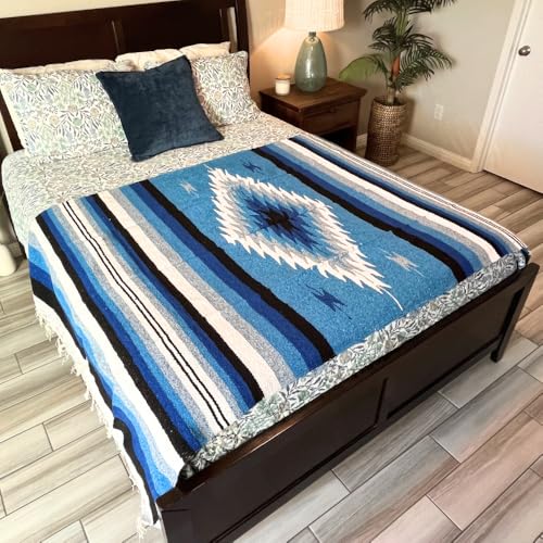 Open Road Goods Handwoven Mexican Diamond Blanket, Throw, or Yoga Bolster - Blue - color: Blue Blanket