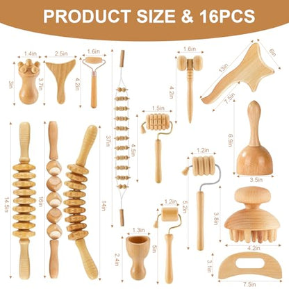 16Pcs Wood Therapy Massage Tools Set, Maderoterapia Massage Kit with Wooden Gua Sha Tools, Body Sculpting & Lymphatic Drainage Massager, Muscle Relaxation Roller for Face, Back, Legs & Full Body - color: 16pcs