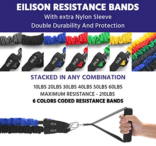 EILISON Resistance Band Kit with Heavy Duty Protective Sleeves for Safe Workout and Soft Anti-Slip Foam Handle, Door Anchor, Ankle Strap for Men and Women Stackable